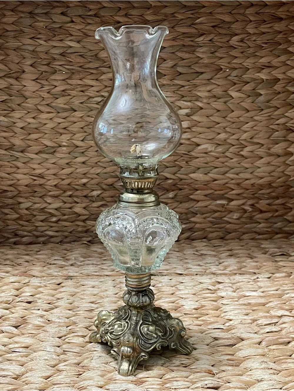 Vintage Pressed Glass and Metal Oil Lamp 11”